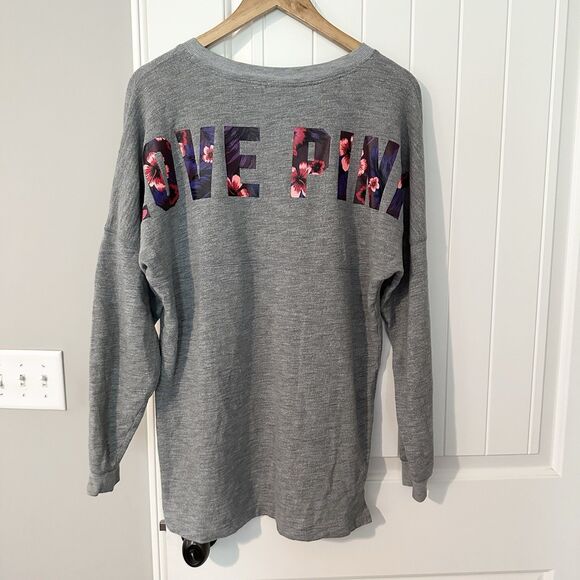 Pink Victoria’s Secret Varsity Crew Grey Pullover Lightweight Sweatshirt Medium - Picture 1 of 4